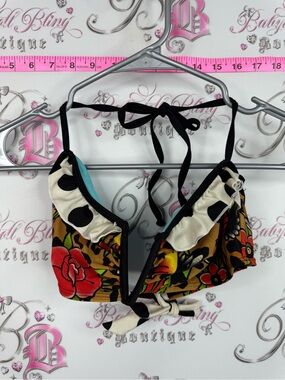 jf Bikini tattoo top Floral Polka Dot Tie-Back Bikini Top - Black, Red, Yellow